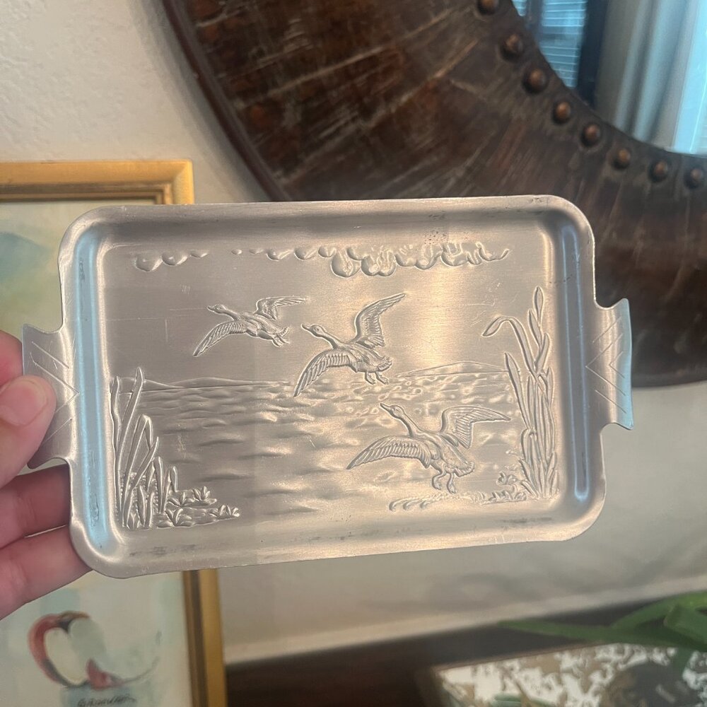 Vintage Hand Forger Hammered Aluminum Trays (4) Flying Geese Cottagecore Country